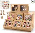 OAMCEG 50 Pack Cookie Boxes with Window, 6x6x3 Inches Brown Bakery Treat Boxes with Stickers & Twine for Pastry, Desserts, Strawberries, Cupcakes, Gift Giving