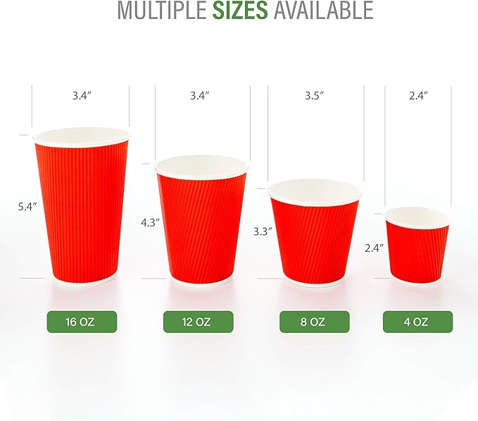 Restaurantware 16 Ounce Ripple Wall Disposable Coffee Cups, 500 Insulated Red Paper Tumblers with Rolled Rim Design, Lids Sold Separately for Hot Drinks like Tea, Hot Chocolate, and More
