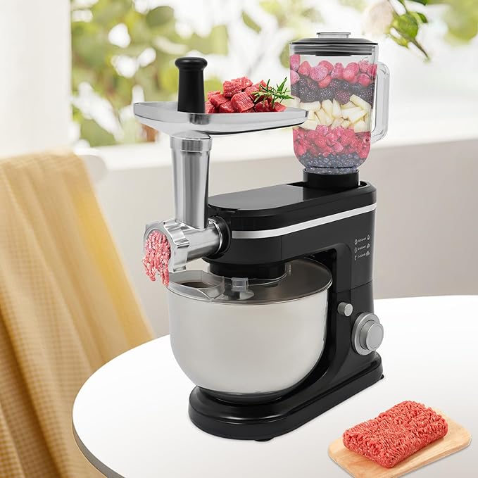 Stand Mixer, 3-in-1 Food Processor Multifunctional Electric Kitchen Mixer with 6 Accessories for Most Home Cooks, 6.34 Qt (Black)