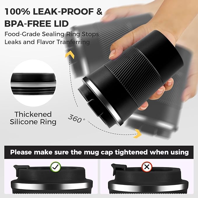 Volhoply 13 oz Stainless Steel Insulated Travel Coffee Mug with Fip Lid Bulk 8 Pack,Reusable Double Wall Vacuum Metal Coffee Cup,Portable Leak Proof Thermal Tumbler for Hot & Cold Drinks(Black,8)