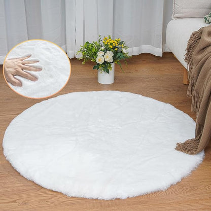 ORINOVA White Faux Rabbit Washable Fur Area Rugs Circle Rugs by ORINOVA