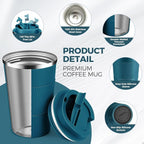 Volhoply 13 oz Stainless Steel Insulated Travel Coffee Mug with Fip Lid,Reusable Double Wall Vacuum Metal Coffee Cup,Portable to Go Leak Proof Cafe Thermal Tumbler for Hot & Cold Drinks(Bule,1)