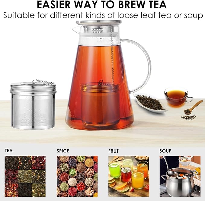 Extra Large Tea Infuser -304 Stainless Steel with Threaded Lid & Chain Hook-Perfect for Loose Leaf Tea,Cooking,Herbs,Iced Tea & Soup - Extra Fine Mesh Tea Strainers