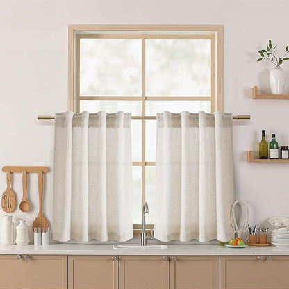 30 Inch Beige Curtains for Kitchen Linen Blend Rustic Farmhouse Short Curtain by Nanspring