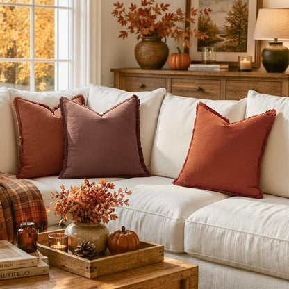 MIULEE Linen Fringe Decorative Fall Throw Pillow Covers Autumn Glaze 20x20 | - Image 2