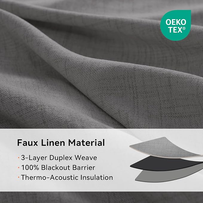 100% Blackout Linen Textured Curtains 90 Inch Long, Dark Gray | 100% Blackout - Image 4
