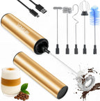 Rechargeable Milk Frother Handheld Electric Frother Wand Milk Foamer Drink Mixer for Coffee, Lattes, Cappuccino, and Egg, Stainless Steel for Travel-Golden