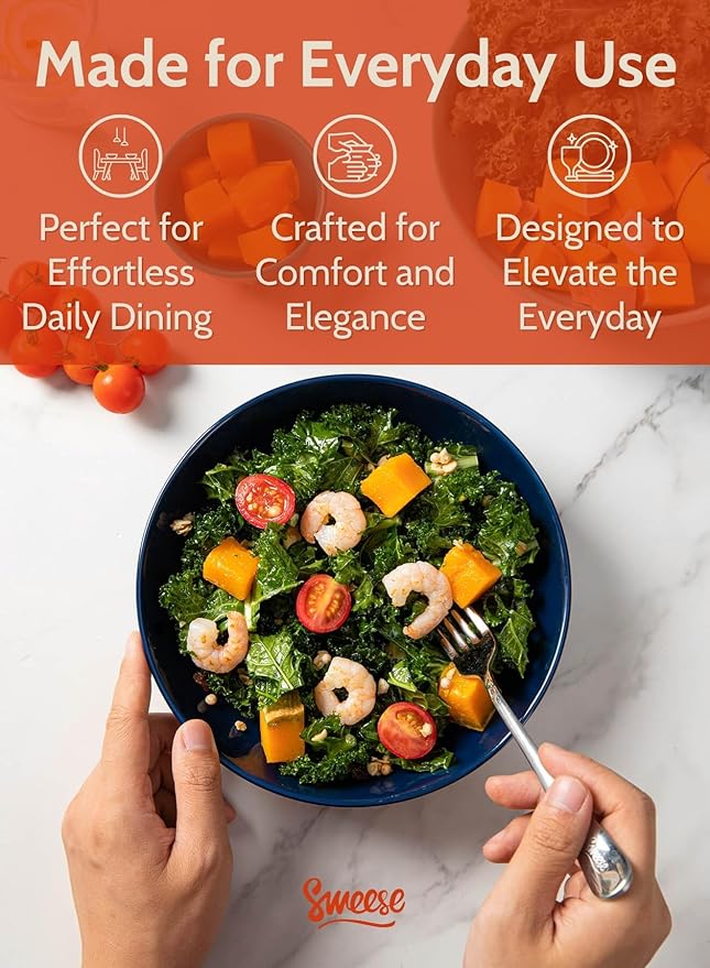 Sweese Pasta Bowls, 30 Ounce Salad Serving Bowls Set of 6, 8.4 Inch Porcelain Plates for Serving Dinner, Salad - Microwave Dishwasher Safe, Hot Assorted Colors