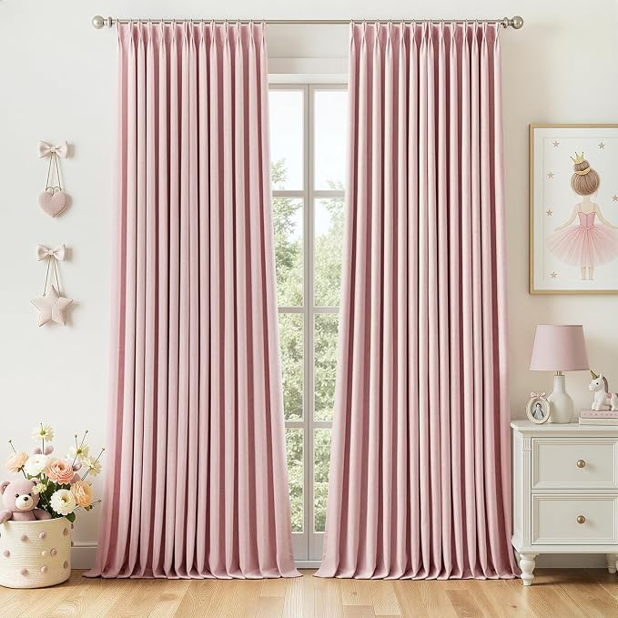 MIULEE Pink Pinch Pleated 100% Blackout Linen Curtains 40x102 Inches | Room by MIULEE