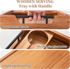 Serving Tray with Handles, 17"x12" Wooden Tray with Removable Wine Glass Holder Ottoman Tray Wood Serving Trays with Metal Handles for Breakfast, Dinner, Coffee Table, Food Drinks