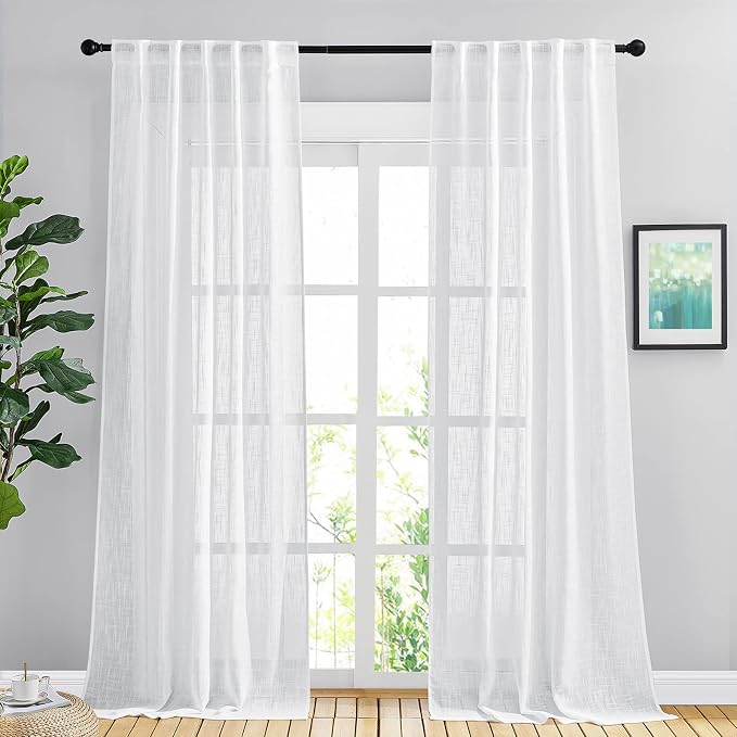NICETOWN White Linen Sheer Bedroom Curtains 90 inches Long, Rod Pocket & Back by NICETOWN