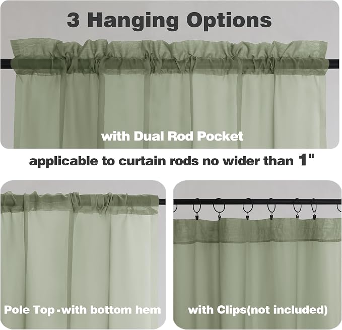 Chyhomenyc Sage Green Sheer Curtains 36 Inch Length, Short Voile Sheer Window - Image 7