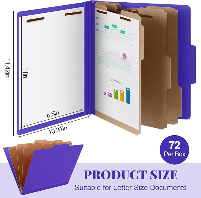 72 Pcs Classification Folders Letter Size, Back to School Supply for Teacher, Student, 3 Dividers Pressboard File Folder Bulk with 2 Fasteners, 3.5 Inch Expanding File Organizer (Purple)