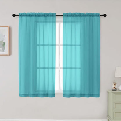 Turquoise Sheer Curtains for Bedroom Living Room 45 Inch Length 2 Panels by WelvetBLK