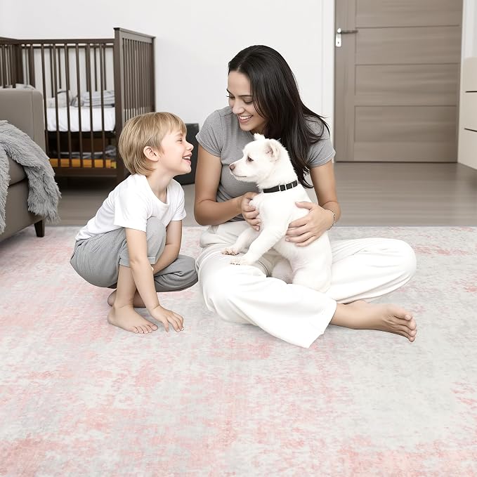 3x8 Washable Runner Rug：Modern Abstract Soft Carpet Pink White | - Image 2