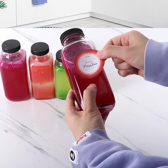 BIGIVACA 8 oz Glass Juice Bottles with Lids,6 PACK Bottles for Juicing,Square Drinking Jars Glass for Coffee,Cola,Milk,Tea in Travel,Work,School