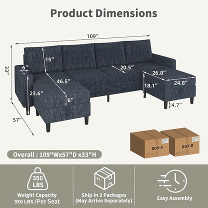 Sectional Couches for Living Room, 6-Seats Soft Linen Fabric Sectional Sofa - Image 2