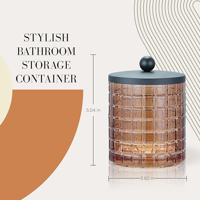 Glass Jar with Metal Lid for Bathroom Organization, Clear Apothecary Jar for Cotton Balls, Q Tips, and Small Accessories, Stylish Bathroom Storage Container Amber, Black