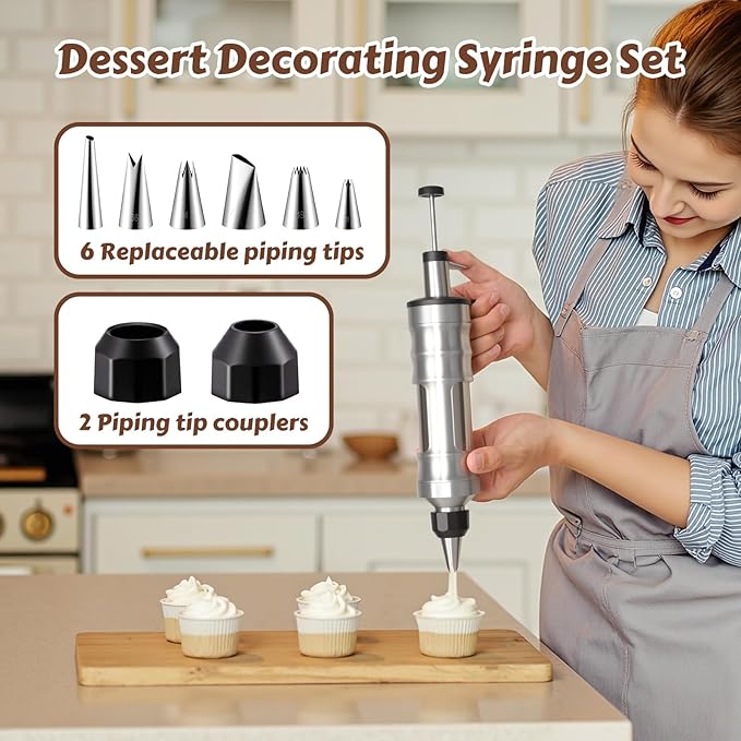 Dessert Decorating Syringe Set, Stainless Steel Frosting & Icing Piping Kit with 6 Tips and 9 Silicone Cupcakes,3 Cream Scraper for Cake Decorating Tools Cupcake Decorating Kit