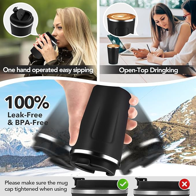 Volhoply 12 oz Double Wall Insulated Vacuum Travel Coffee Mug with Flip Lid Bulk 8 Pack,Reusable Stainless Steel Leak Proof Coffee Cup,Portable Cafe Thermal Tumblers for Hot & Cold Drinks(Black,8 Set)