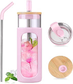 Kodrine 24oz Glass Tumbler with 2 Lids and Straws, Glass Cup With Bamboo Lid and On-the-go Lid, Reusable Iced Coffee Cup, Ideal for Smoothie, Cold Drinks, Fit Cup Holder, BPA Free (1, Pink)