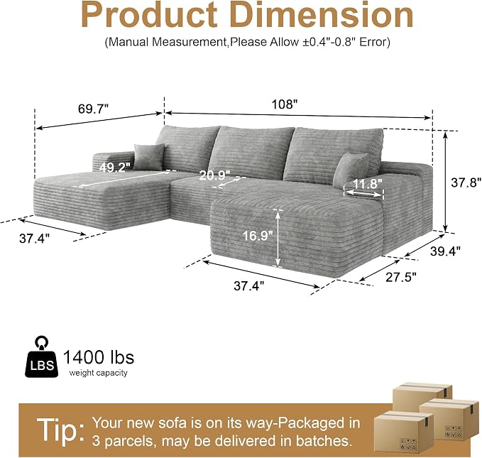 108" Sectional Couches for Living Room Cloud Couch Sofa - Image 2