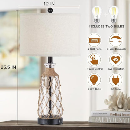 Ruzectt 25.5" Coastal Glass Table Lamps Set of 2, 3-Way Dimmable Touch Control - Image 4