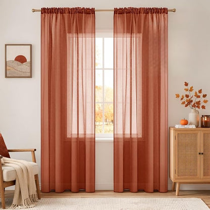 MIULEE Boho Fall Terracotta Linen Textured Sheer Curtains 54W×84L 2 Panels | by MIULEE