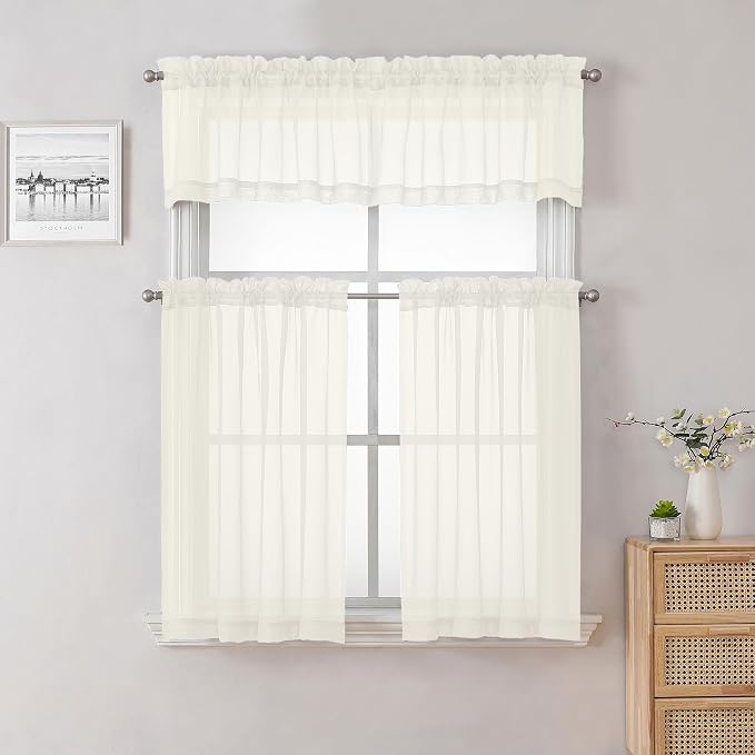14 Inch Ivory Sheer Curtains Valance 2 Pieces, Cafe Kitchen Curtain - Image 7