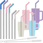 Tomorotec 6-Pack Stainless Steel Reusable Straw with Silicone Tip 3 Sizes, Metal Drinking Straws Fit for Stanley Quencher Tumblers 40oz, 30oz, 20oz, 14oz, Cleaning Brushes Included (Morandi)