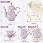 DUJUST 22 pcs Porcelain Tea Set for 6, Luxury British Style Tea/Coffee Cup Set with Golden Trim, Beautiful Tea Set for Women, Tea Party Set, Gift Package (With a Stand) - Purple