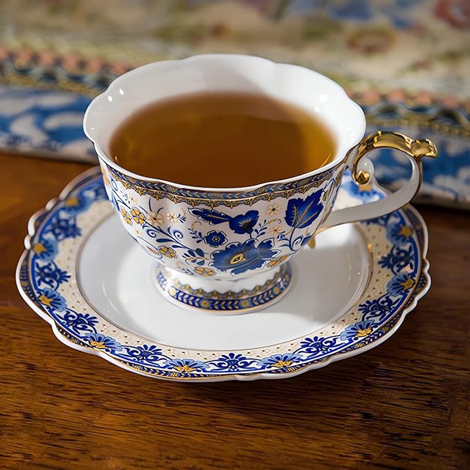 ACMLIFE Bone China Tea Cups and Saucers, 6.8 oz Tea Cup and Saucer Set, with Gold Trim and Gift Box, Blue and White (Blue-D)