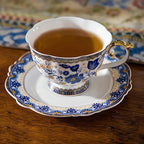ACMLIFE Bone China Tea Set for 6, Blue and White Tea Set for Adults 24K Gold, Vintage Floral British English Cups and Saucers for Women Party or Gift Giving (Blue)