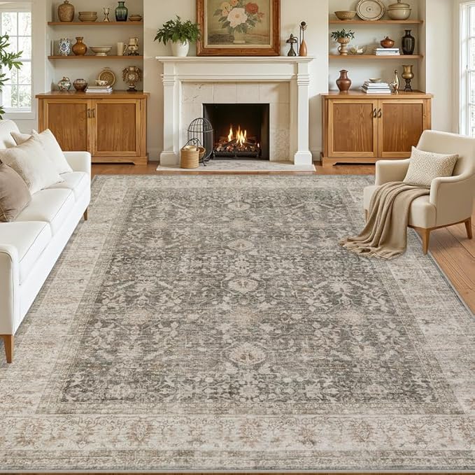 8x10 Area Rugs Living Room: Bedroom Washable Carpet Warm Taupe | Large Vintage by Luxturiy