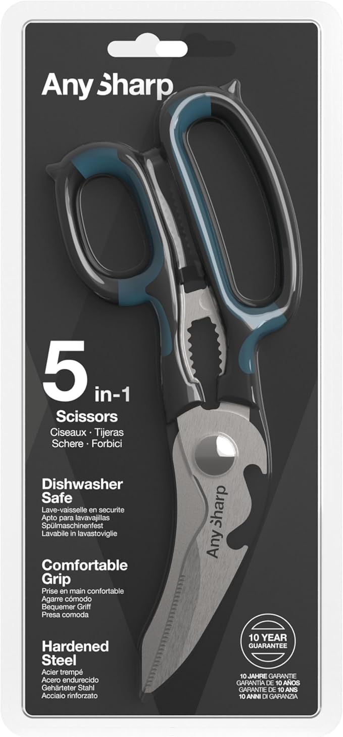 AnySharp 5-in-1 Multi-Function Kitchen Shears - Kitchen Scissors Heavy Duty with Hardened Steel Blades - Cut Chicken Bones and Thick Fabrics - Grip for Both Left and Right Handed - Dishwasher Safe