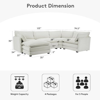 ROWHY 113'' Sectional Cloud Couch, 5 Seater Modular Corner L Shape Sofa Big - Image 2