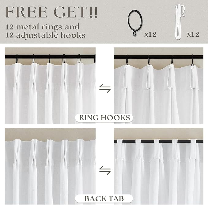 Snow White Pinch Pleat Semi Sheer Linen Curtains W70xL120 1 Panel | Light - Image 4