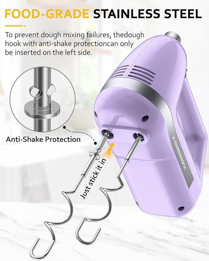Electric Hand Mixer, Powerful 300W Hand Mixer Electric Handheld with 304 Beaters, Dough Hook,Hand Held Mixer with Turbo for Baking Cakes, Eggs, Cream Food(Purple)