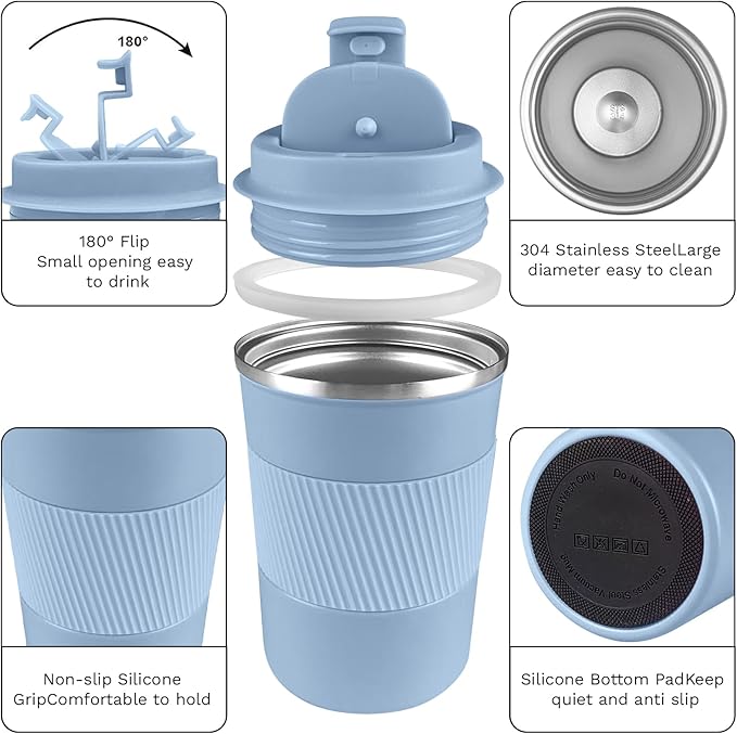 YINBAOGE Insulated Travel Coffee Mug Spill Proof Leak Proof Pobtable To Go Camping Stainless Steel Coffee Tumbler Reusable Coffee Cups with Lids Thermos for Hot and Cold Drink (Light blue, 12 OZ)