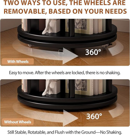 Muwuele Solid Wood Rotating Bookshelf on Wheels, 5 Tier, Round Revolving - Image 5