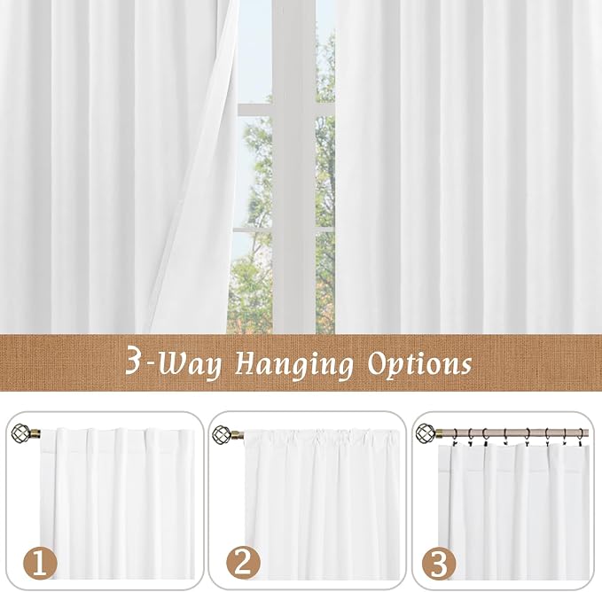 White 100% Blackout Linen Bedroom Curtains 72 Inches 2 Panels | Neutral Curtains - Image 2