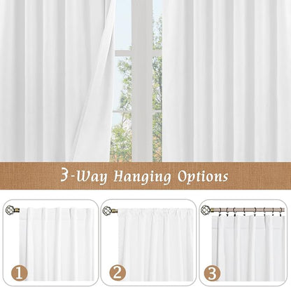 White 100% Blackout Linen Bedroom Curtains 72 Inches 2 Panels | Neutral Curtains - Image 2