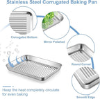 TeamFar Toaster Oven Pan with Cooling Rack, Stainless Steel Mini Baking Tray for Compact Toaster Oven, 9 Inch, Corrugated Bottom & Grid Mesh, Healthy & Heavy-Duty, 1 Pan + 1 Rack