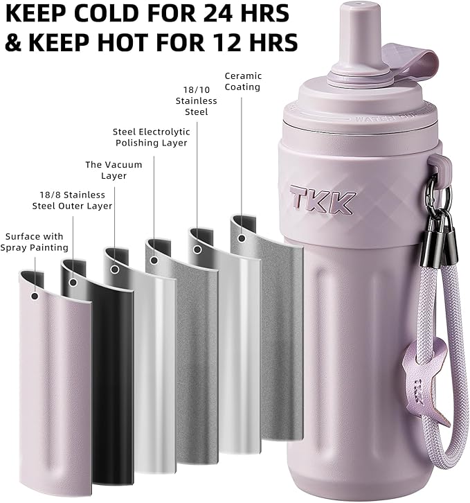 TKK 17 OZ Travel Tumbler Ceramic Lining with Straw Lid, Stainless Steel Vacuum Insulated Double Wall Coffee Tumbler, Leak Proof Iced Water Bottle with Carry Strap for Hot & Cold Drinks, Purple