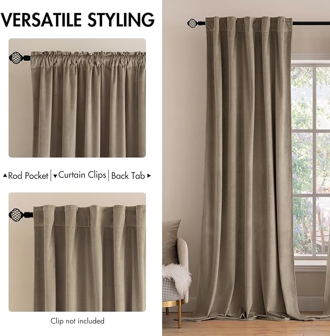MIULEE Velvet Curtains 52x90 inches 2 Panels Light Taupe Blackout Curtains | - Image 2