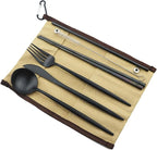 Gugrida Reusable Travel Utensils, 7 Piece Portable 304 Stainless Steel including Knife Fork Spoon Chopsticks Cleaning Brush Straws Portable Pouch, Eco-friendly Camping Silverware Set, Dishwasher Safe
