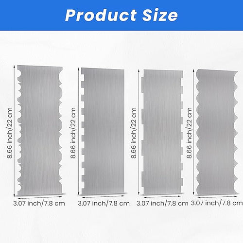 4 Pieces Stainless Steel Cake Scraper 10 Inch and Sided Patterned Edge Stripe Edge Smoother Scraper Cake Decorating Comb Cake Pastry Cutter for Mousse Butter Cream Cake Decoration