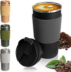 YINBAOGE Upgraded Insulated Travel Coffee Mug, Spill Proof & Leak Proof, Portable Camping Stainless Steel Tumbler, Reusable Coffee Cup with Lid, Thermos for Hot & Cold Drinks (4th-Black, 15OZ)