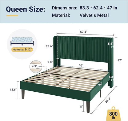 Allewie Queen Size Bed Frame/Velvet Upholstered Platform Bed/Vertical Channel - Image 2