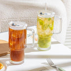 KEMORELA 2-Pack 26oz Ribbed Glass Tumblers with Handle and Lid – Large Aesthetic Iced Coffee Cups with Straws, Modern Textured Glass Mugs for Smoothies, Tea, Juice & Cold Beverages, Dishwasher Safe